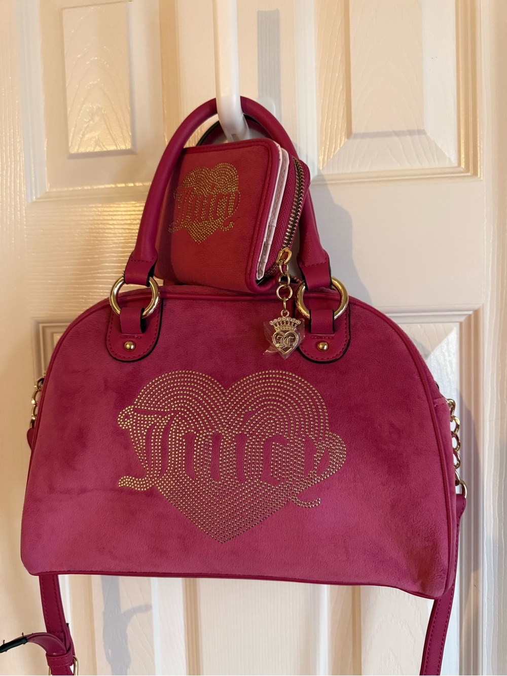 Juicy Couture Queen Couture Bowler Satchel Crossbody Raspberry Tarte + Wallet